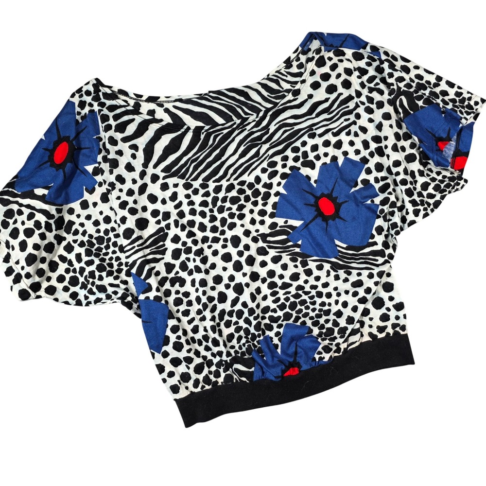 Vintage Pierre Cardin Animal Floral Print Top Small Black White Blue Italy Retro